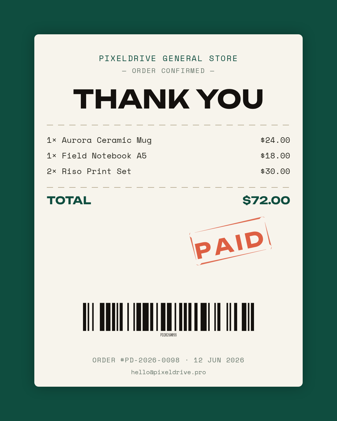Receipt of Thanks — Order Card